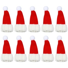 PENTA ANGEL Mini Knitting Christmas Hats 10Pcs Tiny Wool Yarn Doll Santa Hats for Wine Bottles Xmas Tree Decoration Snowman Craft DIY (10, Red, 3×7.5cm)