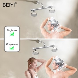 Beiyi Brushed Nickel Double Shower Heads for Two People Rod Dual Shower Head Adapter with Shut Off Valve G1/2 Connection, for Rain & Handheld Shower Combo