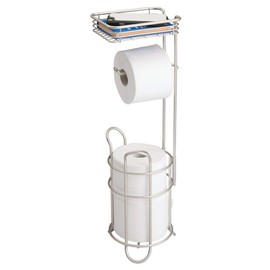 mDesign Freestanding Metal Wire Toilet Paper Roll Holder Stand and Dispenser with Storage Shelf for Cell, Mobile Phone - Bathroom Storage Organization - Holds 3 Mega Rolls - Satin