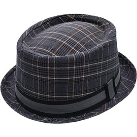 FIDRA Checked Porkpie Hat with Stripe Band, 2 Colours (Charcoal Grey)