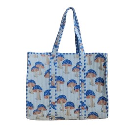Cotton Quilted Tote Bag, Handmade Indian Shopping Shoulder Bag Mushroom Print