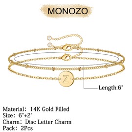 MONOZO Gold Initial Bracelets for Women Trendy, Dainty 14K Gold Filled Z Letter Initial Bracelet Women Disc Monogram Bracelet Jewelry Gifts for Birthday Valentines Thanksgiving Christmas