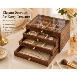 Wooden Jewelry Box Transparent Window Rings Necklace Storage Organizer Box