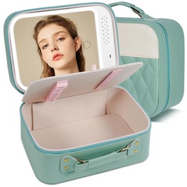 LEAFEEL M-Box Travel Makeup Bag With LED Mirror, Protable Size Makeup Case Travel Cosmetic Bags Brush Organizer Storage Box, Rechargeable Vanity Mirror, Cosmetic Travel Bag for Women. (Mint-white)