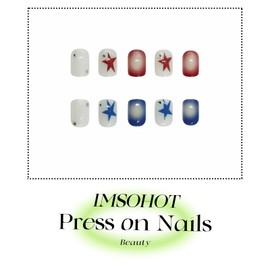 IMSOHOT Press on Nails Short Square Fake Nails White Glossy Glue on Nails Full Cover Red Blue Star Acrylic False Nails