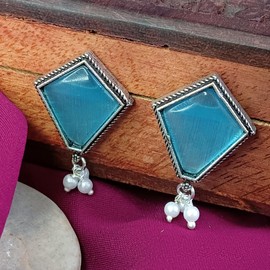 Efulgenz Indian Earrings for Women Antique Bohemian Oxidized Hexagon Geometrical Pattern Stud Earrings Blue Crystal Faux Pearl Drop Earrings Set Indian Oxidized Jewelry Stud Earrings Boho Statement Earrings Jewelry for Women