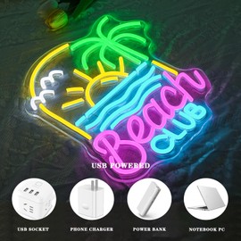 Alkkign Beach Club Neon Sign for Wall Decor Coconut Tree Neon Light Summer Beach LED Neon Sign Colorful Led Neon Light for Store Hotel Bedroom Restaurant Decoration