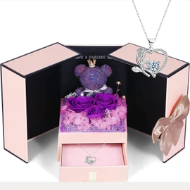 ELEUTH Rose Moss Bear Gifts for Mum, Real Eternal Rose Gift Box with Necklace, Preserved Rose Flower Box, Mother's Day Gift for Mum, Women, Wife, Girlfriend, Grandma, Valentine's Day, Anniversary,