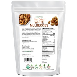Organic White Mulberries - Sun Dried 100% Pure - No Sugar Added - Exotic All Natural Raisin Alternative - Superfood Fruit Snack for Trail Mix, Smoothies, Yogurt, Cooking Baking Recipes - 1 lb