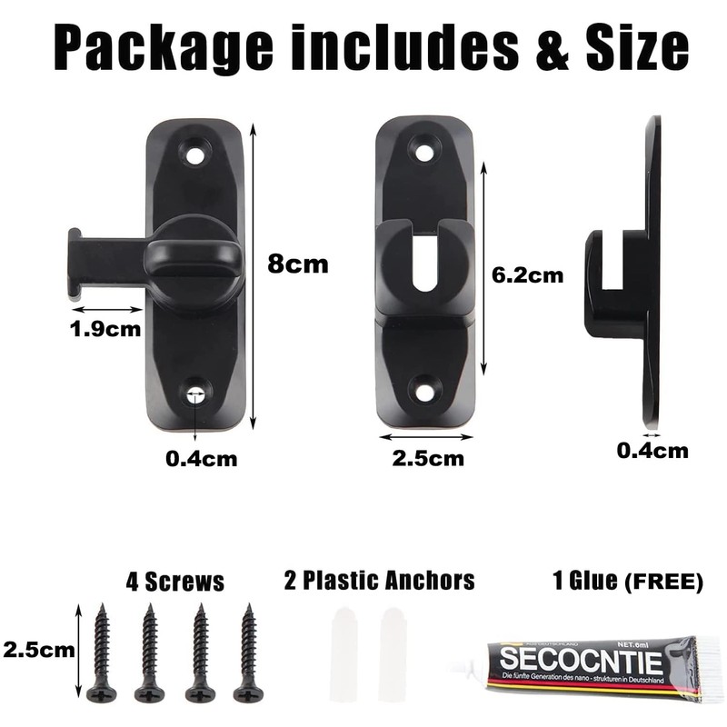 2 Pack Barn Door Lock, 90/180 Degree Gate Latches, Zinc