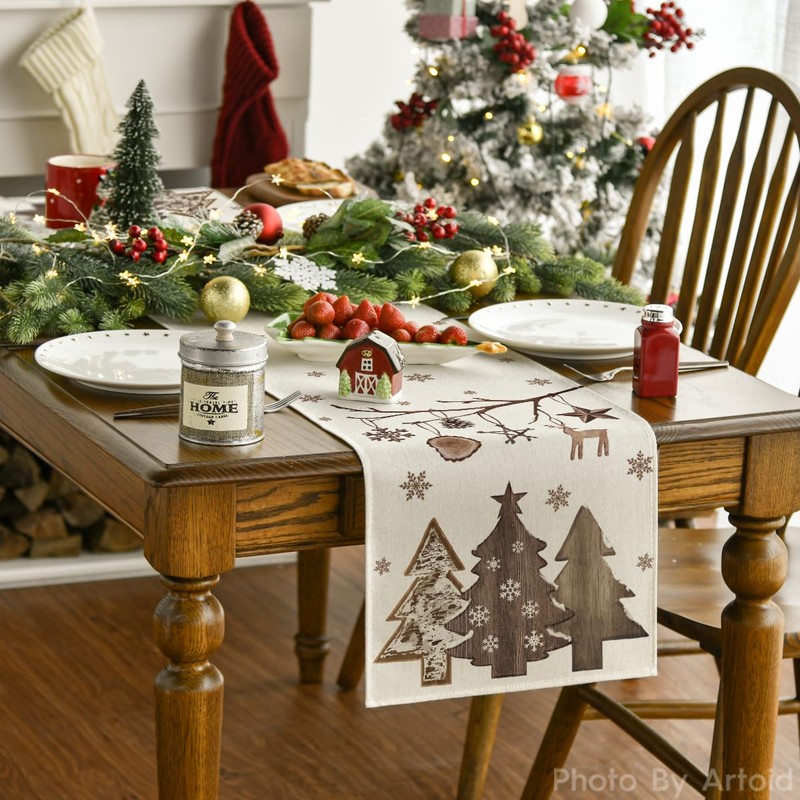 Artoid Mode Plank Trees Deer Ball Christmas Table Runner, Seasonal
