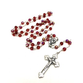 Holy Spirit Confirmation Silver Italian Rosary 6mm Ruby Red, Oxidized Silver 1 3/4" Crucifix and Descending Dove Centrepiece