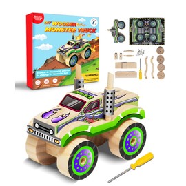 Little Jupiter DIY Wooden Kits w/Stickers - Kids Building Kit - Stem Toys for Ages 4-7 - Wood Crafts for Kids - Woodworking Kits (Monster Truck 2)