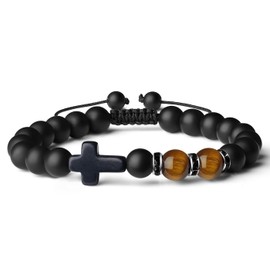 AWARDSEN Gemstone Necklace, Fashion Religion Cross Men 8 mm Natural Stone Black Matte Agate Beads Bracelet Elastic Bracelet Bangle Gift for Dad, Length:, No gemstone