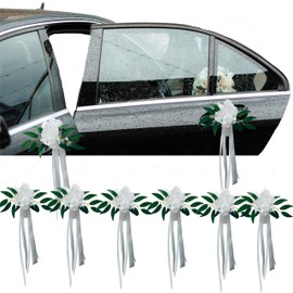 6Pack Wedding Car Door Handle Flowers with Suction Cups – Artificial Silk Floral Decorations with White Satin Bows for Bridal Shower, Just Married Decor, Vintage or Modern Cars