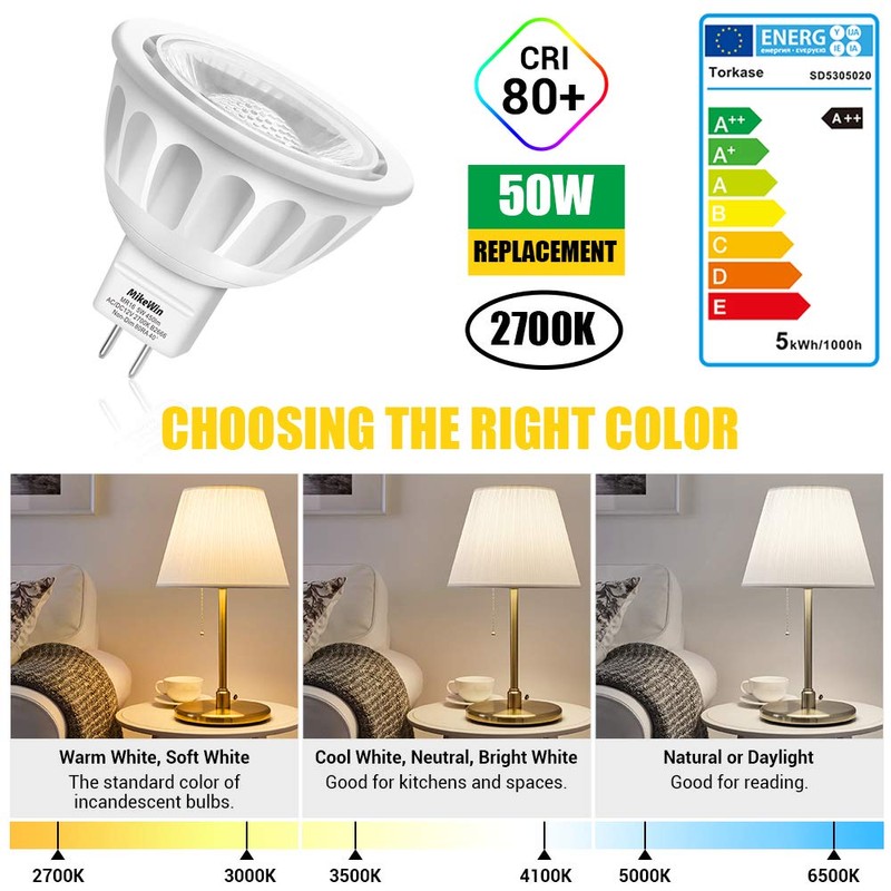 MikeWin MR16 LED Bulb 10Pack,5W 12V, GU5.3 Bi-Pin Base,50-Watt Equivalent,2700K