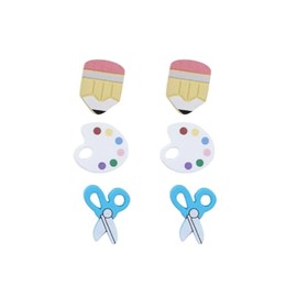 Shiny School-themed Teacher Earrings Glittering ABC Pencil Paint Palette Crayon Stud Earrings Set Graduation Back to School Gifts Teachers' Day Appreciation Jewelry, Medium, Zinc, No Gemstone