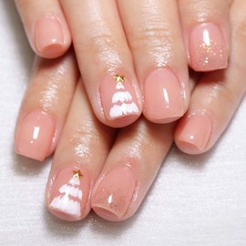 Christmas Press On Nail Short Square Fake Nails Pink Nude Press Ones With Christmas Tree Design Full Cover Acrylic False Nail Gold Glitter Stick Glue On Nail Cute Xmas Finger Manicure For Women 24pcs