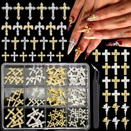 RODAKY 90Pcs Cross Nail Charms Gold Silver Crosses Charm for Nails 3D Charms with Rhinestone Pearl Metal Luxury Nail Art Jewelry Sparkling DIY Accessories Manicures Design