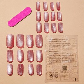 Pink Cat Eye Press on Nails Medium Square Fake Nails Glitter Gradient False Nails Full Cover Shiny Glossy Acrylic Artificial Nails Reusable Stick on Nails for Women DIY Manicure Decoration 24 Pcs