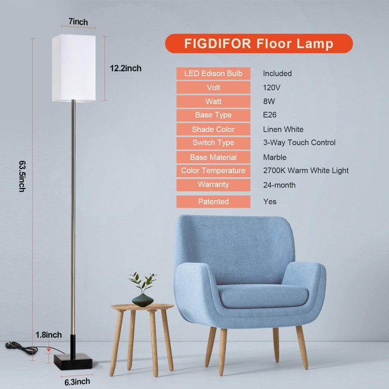 FIGDIFOR Floor Lamp, 3-Way Touch Control Dimmable Standing Lamp with