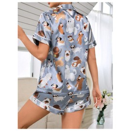 SOLY HUX Cute Satin Pajama Sets for Women, Preppy Summer Pajamas for Teen Girls, 2 Piece Silk Pjs Shorts Lounge Set, Blue Dog, Large