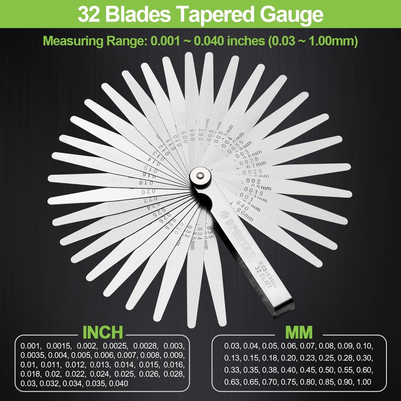 Spurtar Feeler Gauge Set Stainless Steel, 32 Blades Tapered and