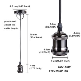 Sevenpers Ceiling Pendant Light Fitting, E27 Vintage Style Ceiling Rose Light Fitting with Ground Wire and 90cm Braided Cable, Suitable for Kitchen Island, Home, Bar DIY (Black Chrome)