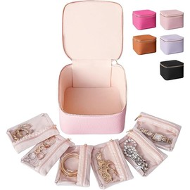 Travel Jewellery Box Organiser with 6 Zipper Pouches, Pink Mini Case for Storage and Travel