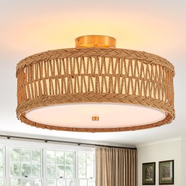 Tunkayli Rattan Ceiling Light Boho 17.6in Hand-Woven Light Fixture Farmhouse Semi Flush Mount Ceiling Gold 3-Light Coastal Hallway Laundry Room Bedroom Entryway