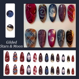 Press On Nails Almond - 24Pcs False Nails Medium Length - 3D Stars Fake Nails With Glue - Full Cover Acrylic Stick On Nails For Women - Gilded Stars & Moon