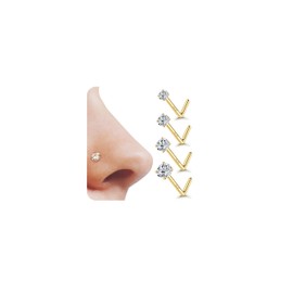 YADOCA 4 Pieces 14K Gold 20G Nose Piercing Surgical Steel Nose Piercing Stud Cubic Zirconia Straight Screw L-Shaped Nose Stud 1.5/2/2.5/3 mm, 14K gold, surgical 316L stainless steel, zirconia