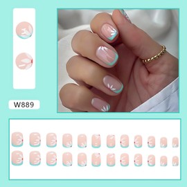 24 Pcs Press on Nails Short Square Fake Nails Elegant Light Green False Nail Tips with White Flower Designs French Acrylic Nails Full Cover Glue on Nails Short Artificial Stick on Nails for Women