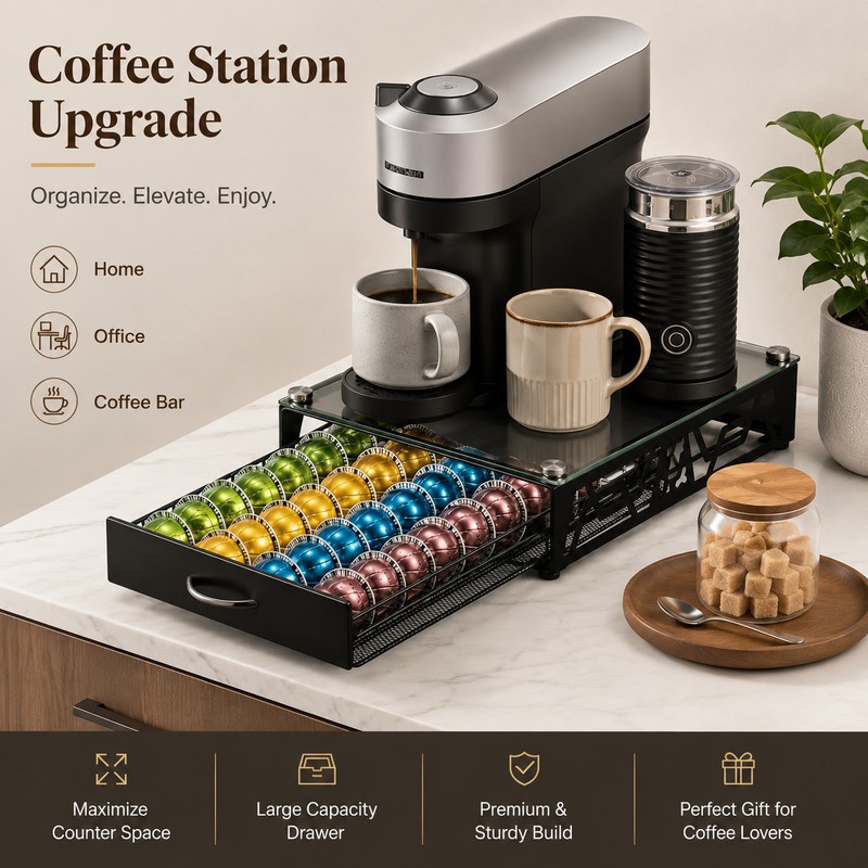 Coffee Pod Holder Drawer with Glass Top – Sleek Black