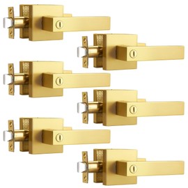 NIZADO Gold Door Handles Interior, Privacy Door Locks Brushed Gold, Square Bathroom Door Handle with Lock, 6 Pack, Keyless Reversible Door Handle