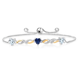 925 Sterling Silver and 10K Yellow Gold Sky Blue Aquamarine Blue Created Sapphire and White G-H Lab Grown Diamond Tennis Bracelet For Women (1.36 Cttw, Heart Shape 5MM, Fully Adjustable Up to 9 Inch)