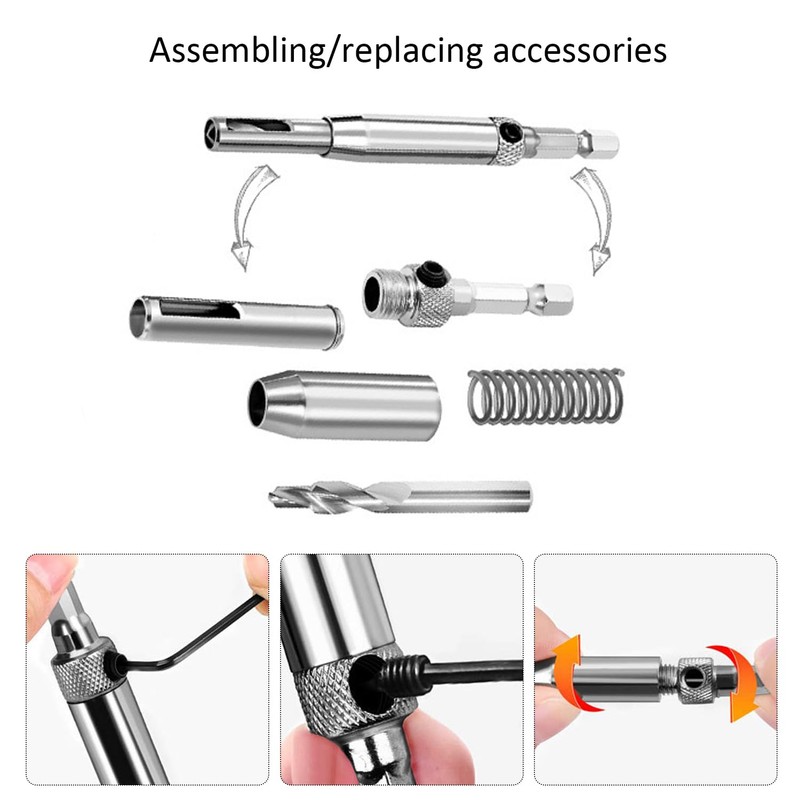4-Piece Hinge Drill Bit Set, 1 Wrench, Drill Bit Guide,