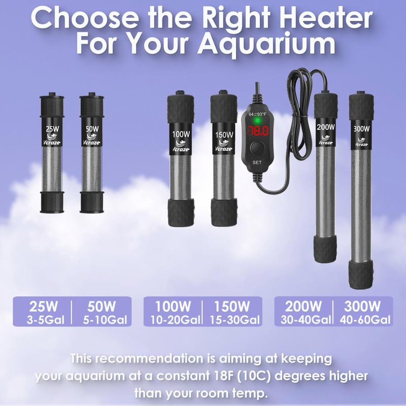 VCRAZE Super Compact 50W Fish Tank Heater, Submersible Aquarium Heater
