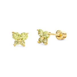 14k REAL Yellow Gold Butterfly Stud Earrings with Screw Back- 12 Different Color Available, 14K Gold, Cubic Zirconia