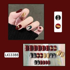 Christmas Press on Nails Short 24Pcs Red Artificial Short Square Fake Nails for Winter Glossy Gold False Nails with Xmas Tree Designs Full Cover Glue Acrylic Fingernails for Women Girls