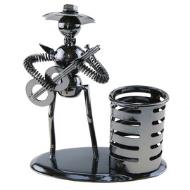Metal Iron Art Music Man Instrument Performer with Hat Musician Figure Pen Container Holder Pencil Cup for Home Office Desk Decoration Creative Gift (A20011 Guitar)
