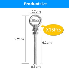 ZLLZPZD Pack of 15 Eye Bolts | Eye Bolt M6 x 60 mm | Eye Bolt 304 Stainless Steel | Eye Bolt M6 | Ring Eyelets | Screw Hook M6 Ring Nut Flat Head