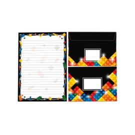 Writing Paper Set Writing Pad Lined with Envelope for Girls Boys Children Adults Unisex Building Blocks Colourful Black (1 Pad A5 with 25 Sheets + 15 Matching Printed Envelopes)