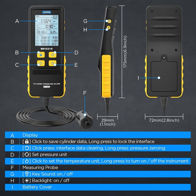 AUTOOL Digital Compression Tester Automotive Compression Gauge 0-426PSI 0~29bar for