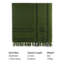 [FOCUHUNTER] Arab Scarf Tactical Desert Survival Game Scarf Shemagh Scarf Keffiyeh Scarf Headneck Scarf Cotton 43x43 Inch Head Wrap Arab Scarf with Tassel, green