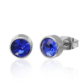 CHICNET Brass Stud Earrings Silver Glass Crystal Faceted 6 mm Round Nickel-Free Colourful High Blue