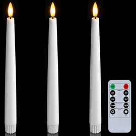 Homemory 3 Pcs Waxy Flameless Taper Candles with Remote, Led Flameless Candlesticks Classic Tall Taper Candles, Flickering Battery Operated Taper Candles for Bedroom, Dining Room, White, 9.6 inches