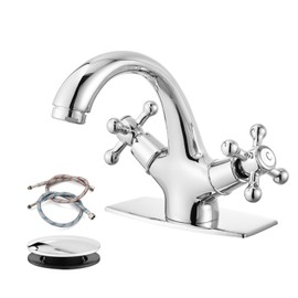 gotonovo Bathroom Sink Faucet Single Hole Double Cross Handle Knobs Lavatory Vessel Sink Mixer Tap Bathroom Faucet with Pop up Drain and Deck Cover Plate Polish Chrome