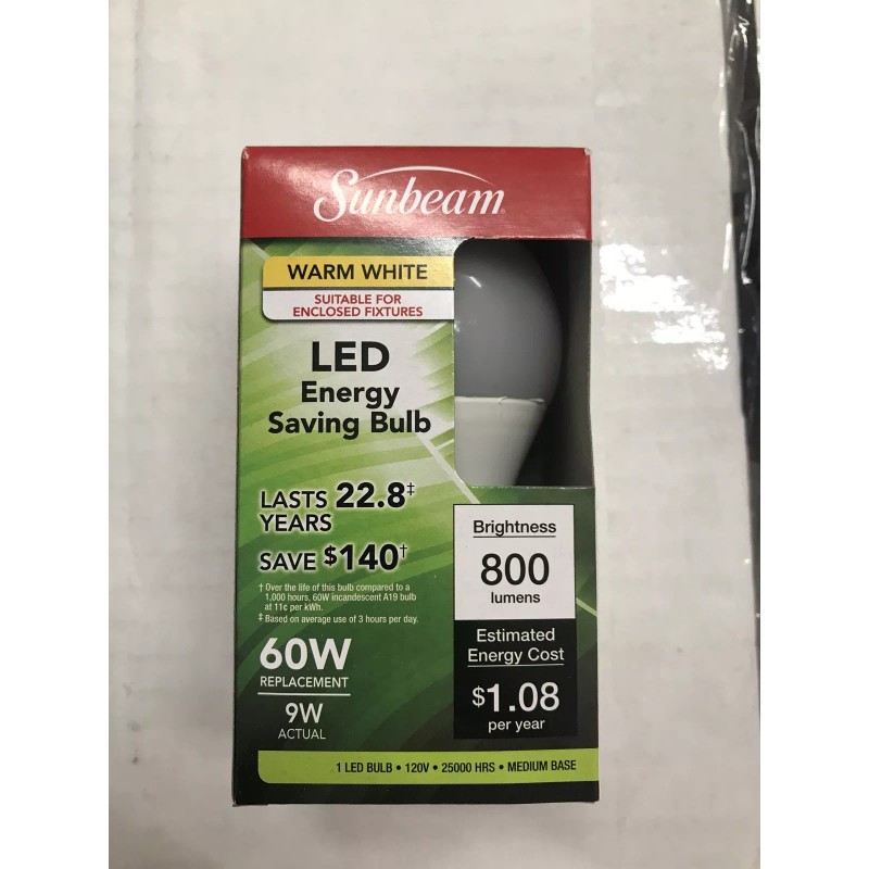 Sunbeam A-19 9W LED Warm White Light Bulb 22.8 Year