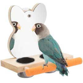 Vogelspiegel mit Sitzstange, Vogelsitzstange mit Spiegel und 2 Fütterung Tassen, Vogelspielzeug, Spiegel Kauspielzeug aus Holz, Käfig Stehen Für Vögel Papagei Spielzeug Haustier Spielzeug Zubehör